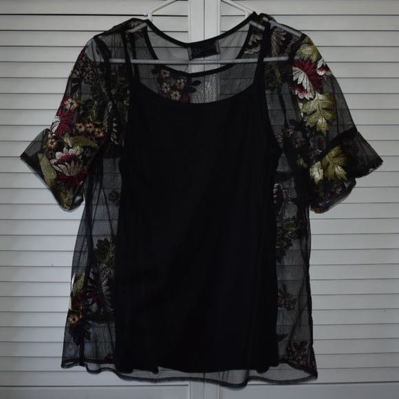Ruff Hewn NWT Sheer Embroidered Floral Short Sleeve Black/Green/Red Top Size M - Picture 5 of 15